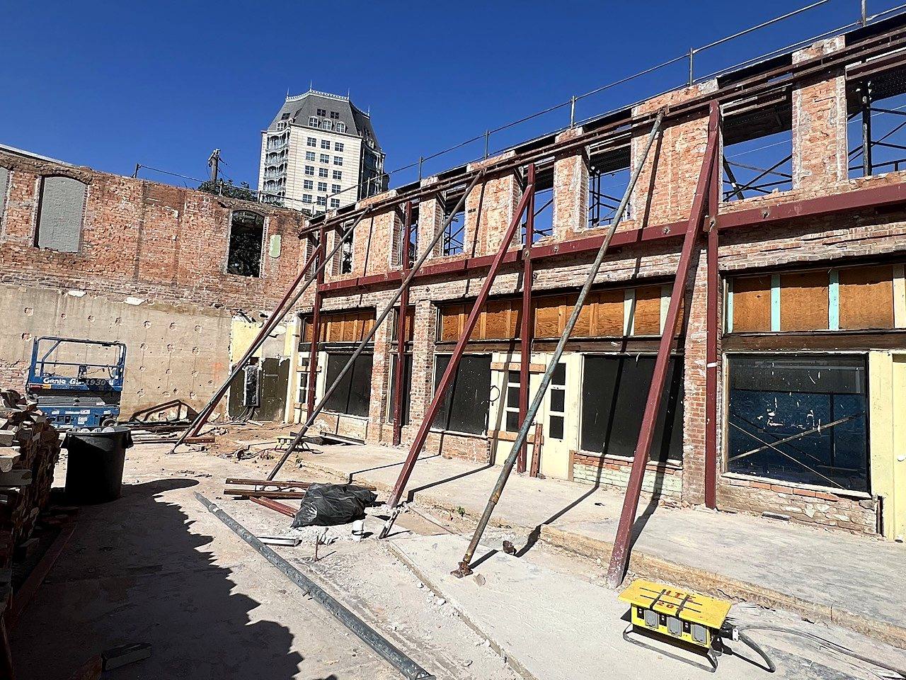 Historic facade supported by steel shoring